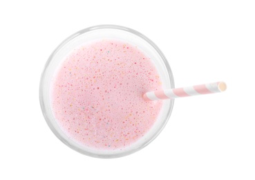 Photo of Tasty milk shake with straw isolated on white, top view