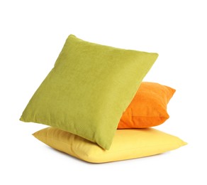 Different colorful decorative pillows on white background