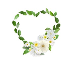 Image of Beautiful heart shaped composition made with tender flowers and green leaves on white background