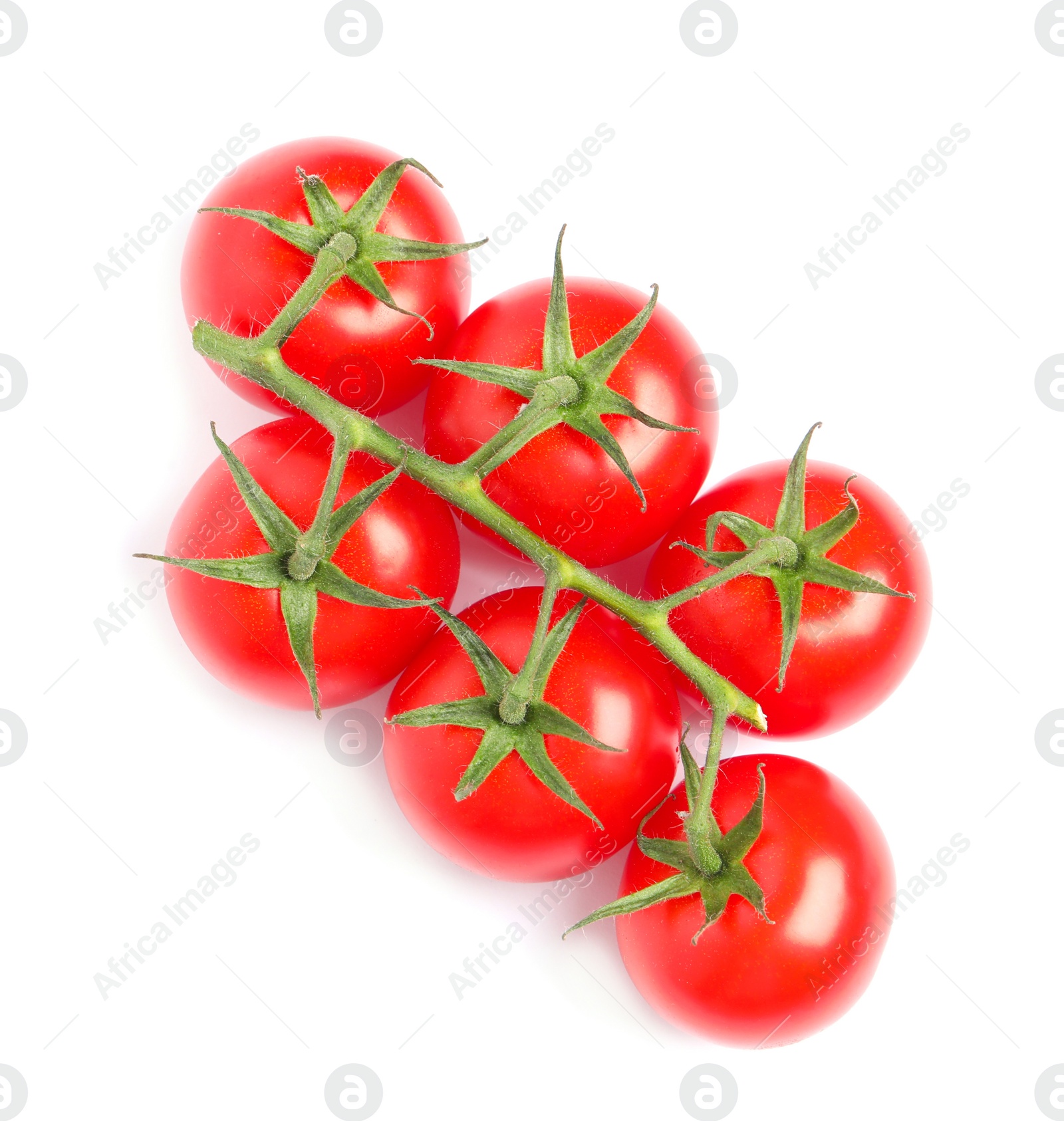 Photo of Branch of fresh cherry tomatoes isolated on white