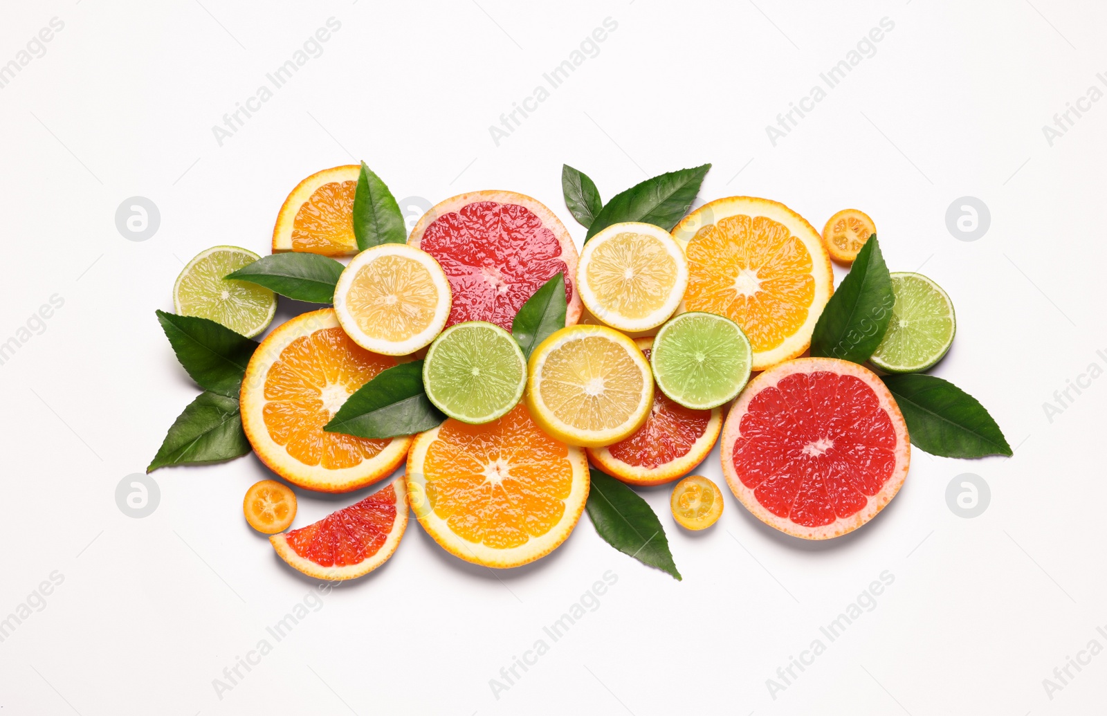 Photo of Fresh juicy citrus fruits with green leaves on white background, flat lay