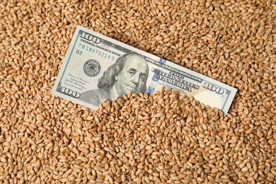 Photo of Dollar banknote on wheat grains, top view. Agricultural business