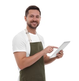 Photo of Smiling man using tablet on white background