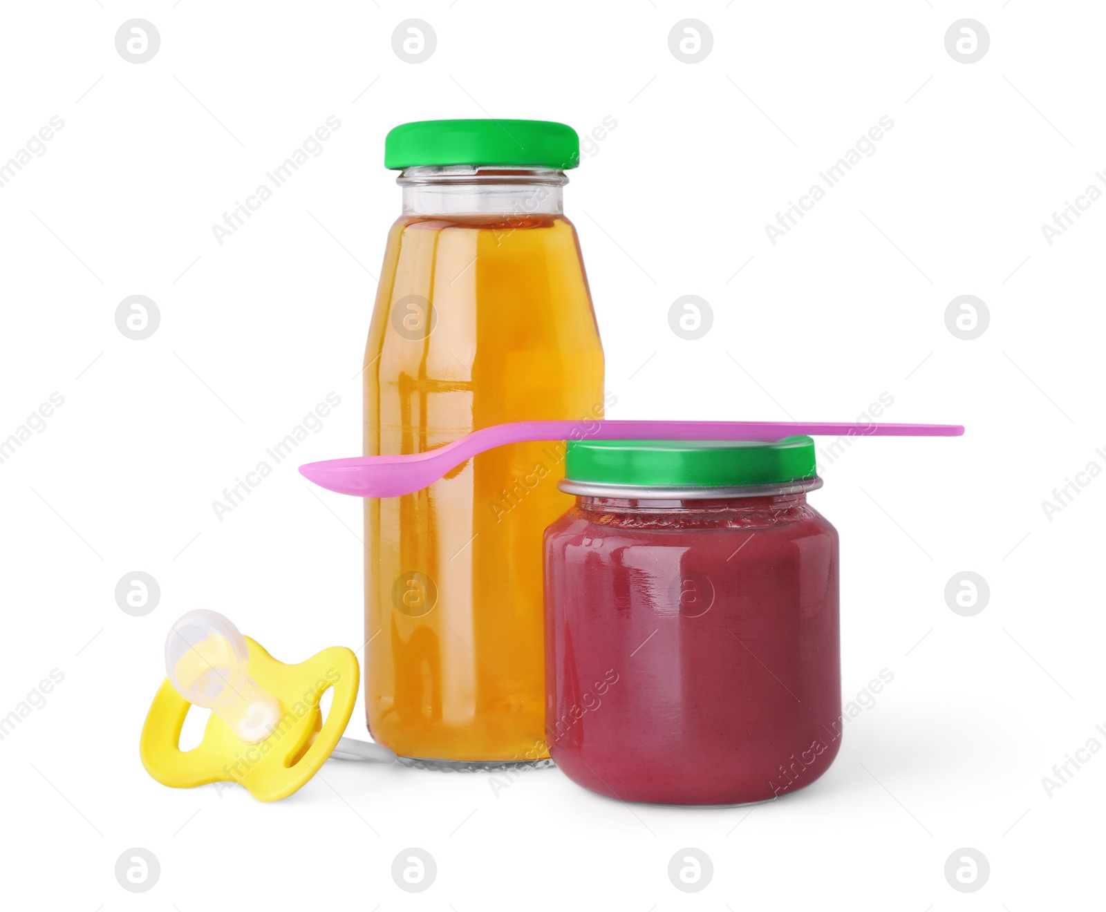 Photo of Healthy baby food, bottle with juice and pacifier on light grey background