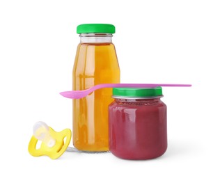 Photo of Healthy baby food, bottle with juice and pacifier on light grey background