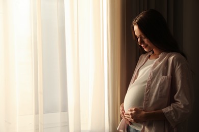 Photo of Young pregnant woman near window at home. Space for text