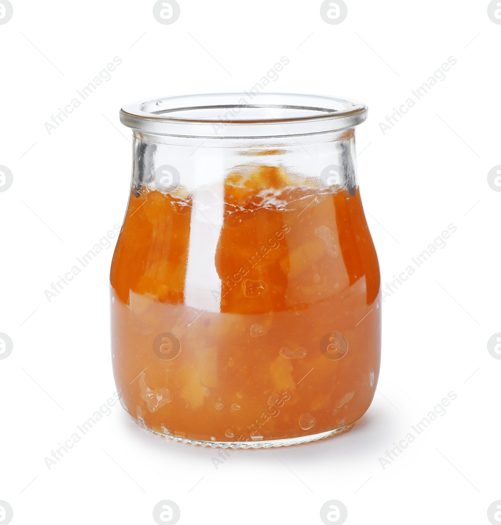 Photo of Jar with peach jam on white background