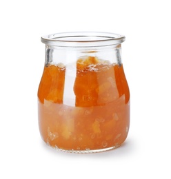 Photo of Jar with peach jam on white background