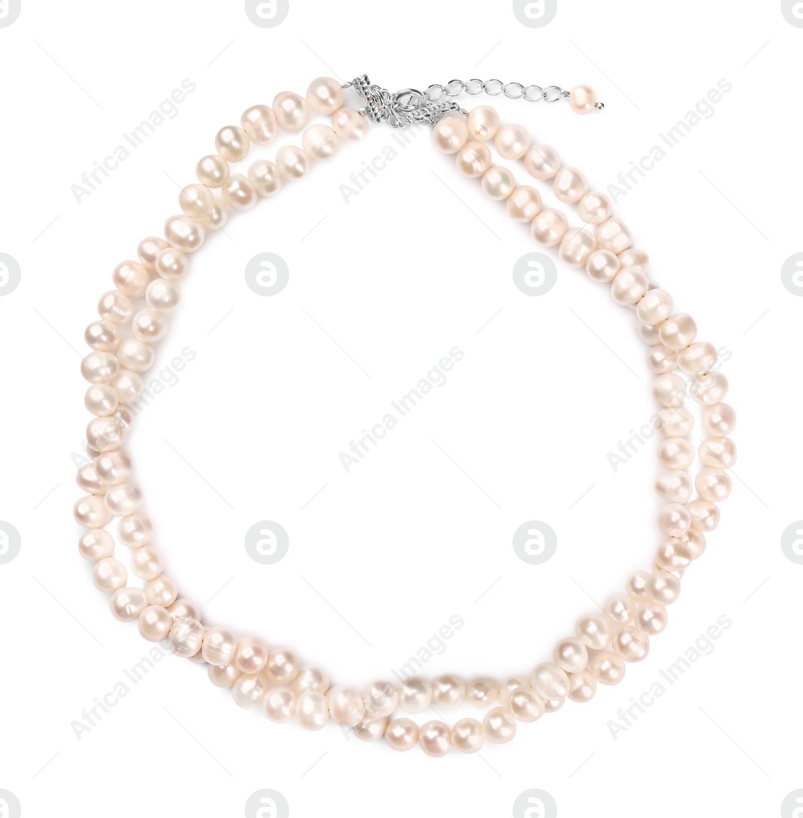Photo of Elegant pearl necklace isolated on white, top view