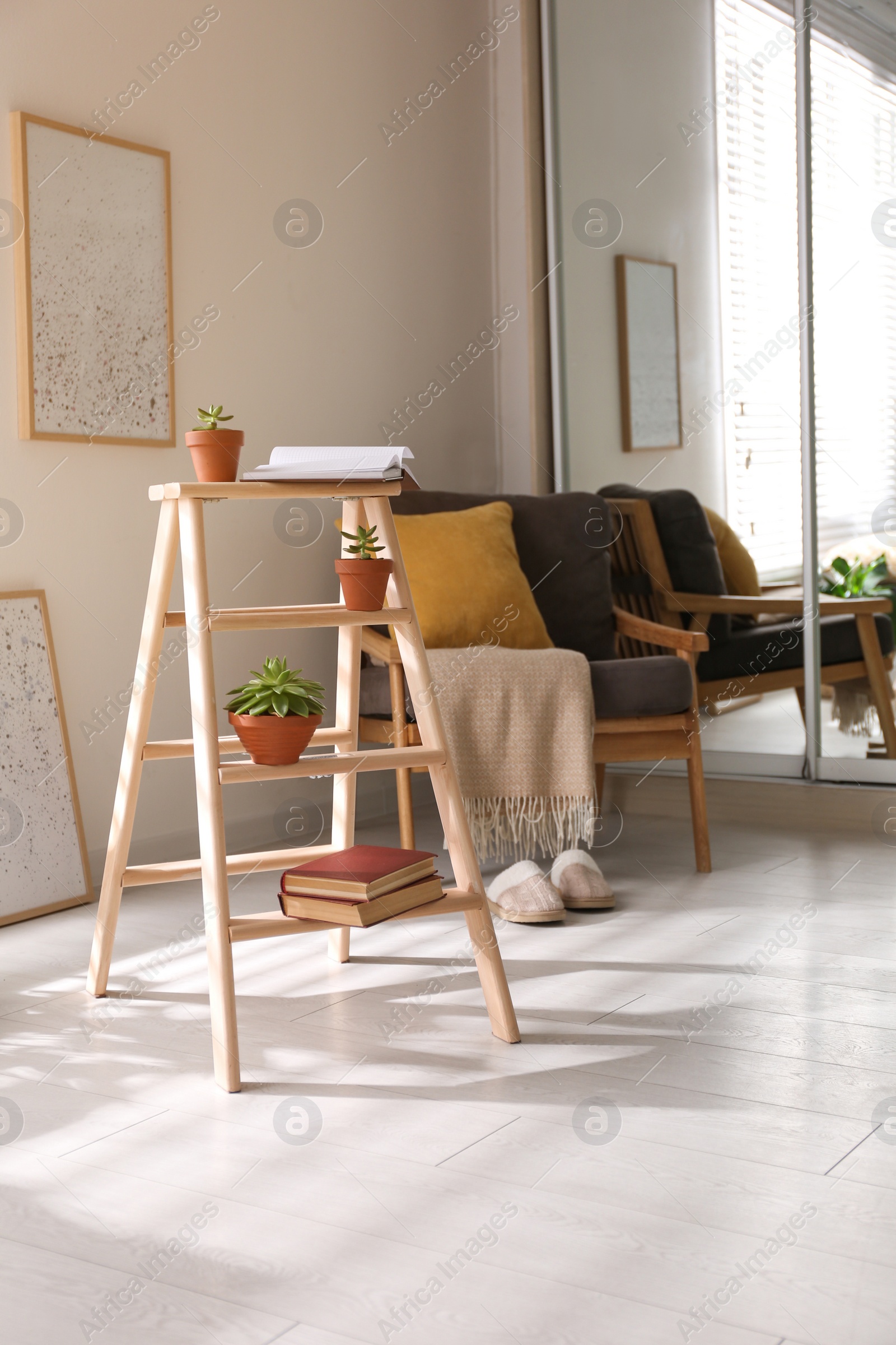 Photo of Decorative ladder with beautiful houseplants in stylish living room. Idea for interior design