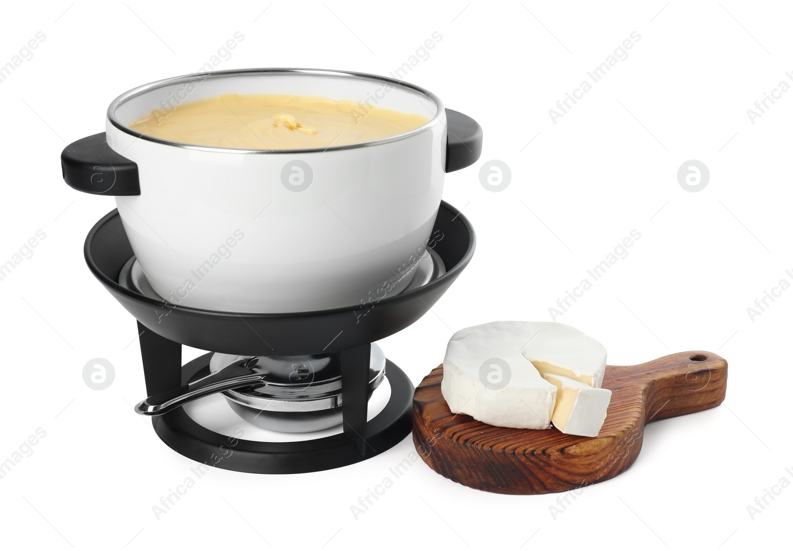 Photo of Fondue with tasty melted cheese and camembert isolated on white