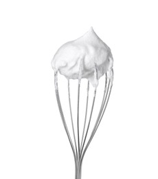 Whisk with whipped egg whites isolated on white