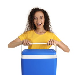 Photo of Excited young African American woman with cool box on white background
