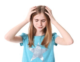 Photo of Teenage girl suffering from headache on white background