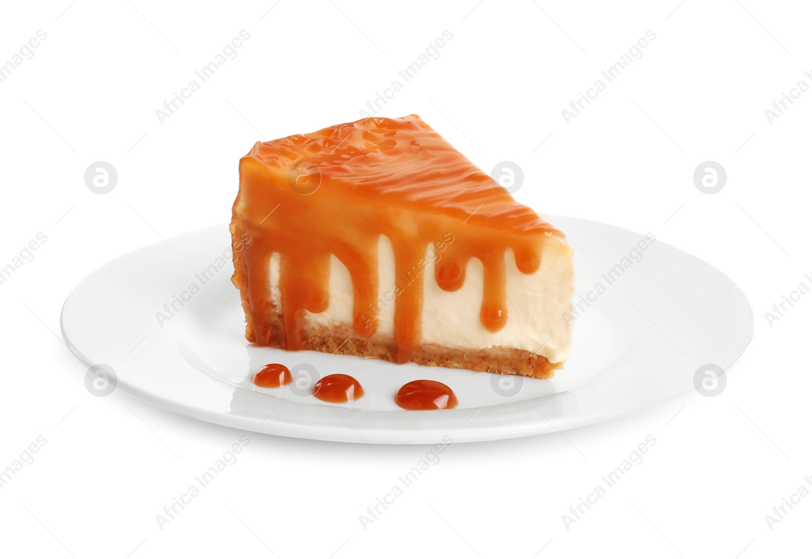 Photo of Piece of delicious cake with caramel isolated on white