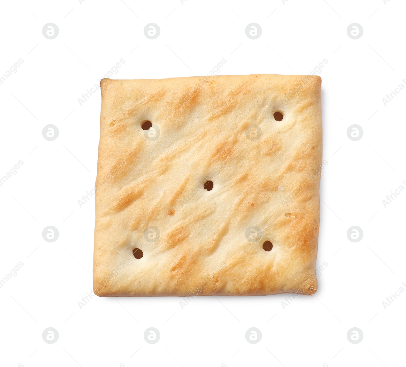 Photo of One crispy cracker isolated on white, top view. Delicious snack