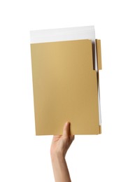 Photo of Woman holding yellow file with documents on white background, closeup