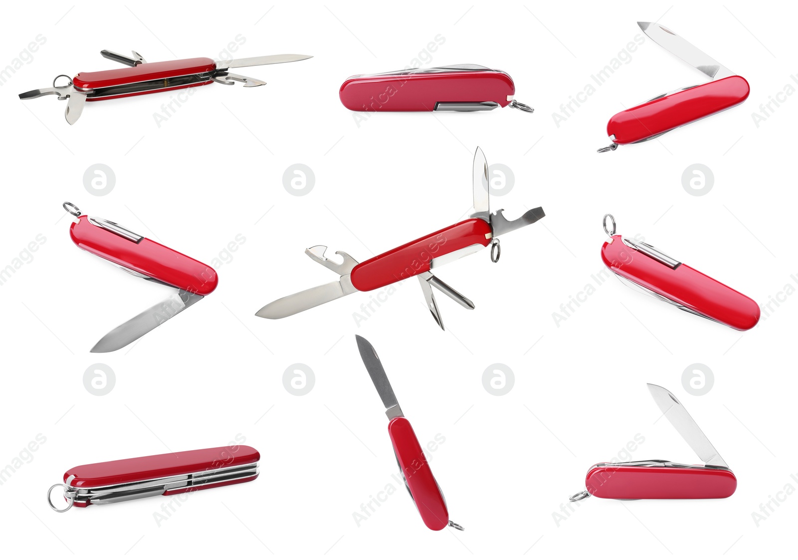 Image of Set with portable multitools on white background