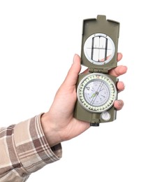 Photo of Woman holding compass on white background, closeup