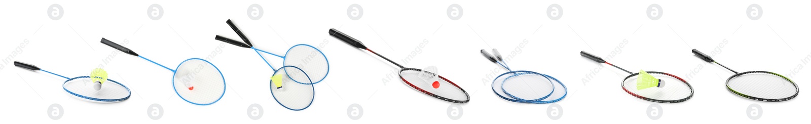 Image of Set with rackets and shuttlecocks on white background, banner design. Badminton equipment