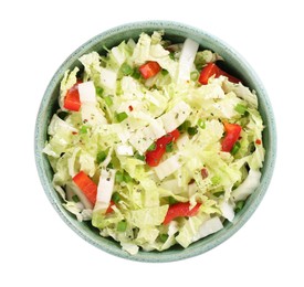 Photo of Tasty salad with Chinese cabbage, bell pepper and green onion in bowl isolated on white, top view