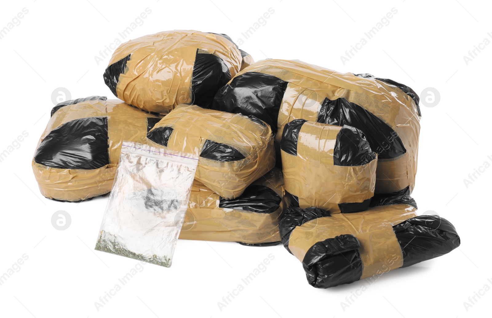 Photo of Packages with narcotics isolated on white. Drug addiction