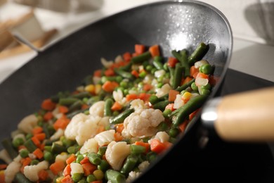 Frying pan with mix of fresh vegetables, closeup