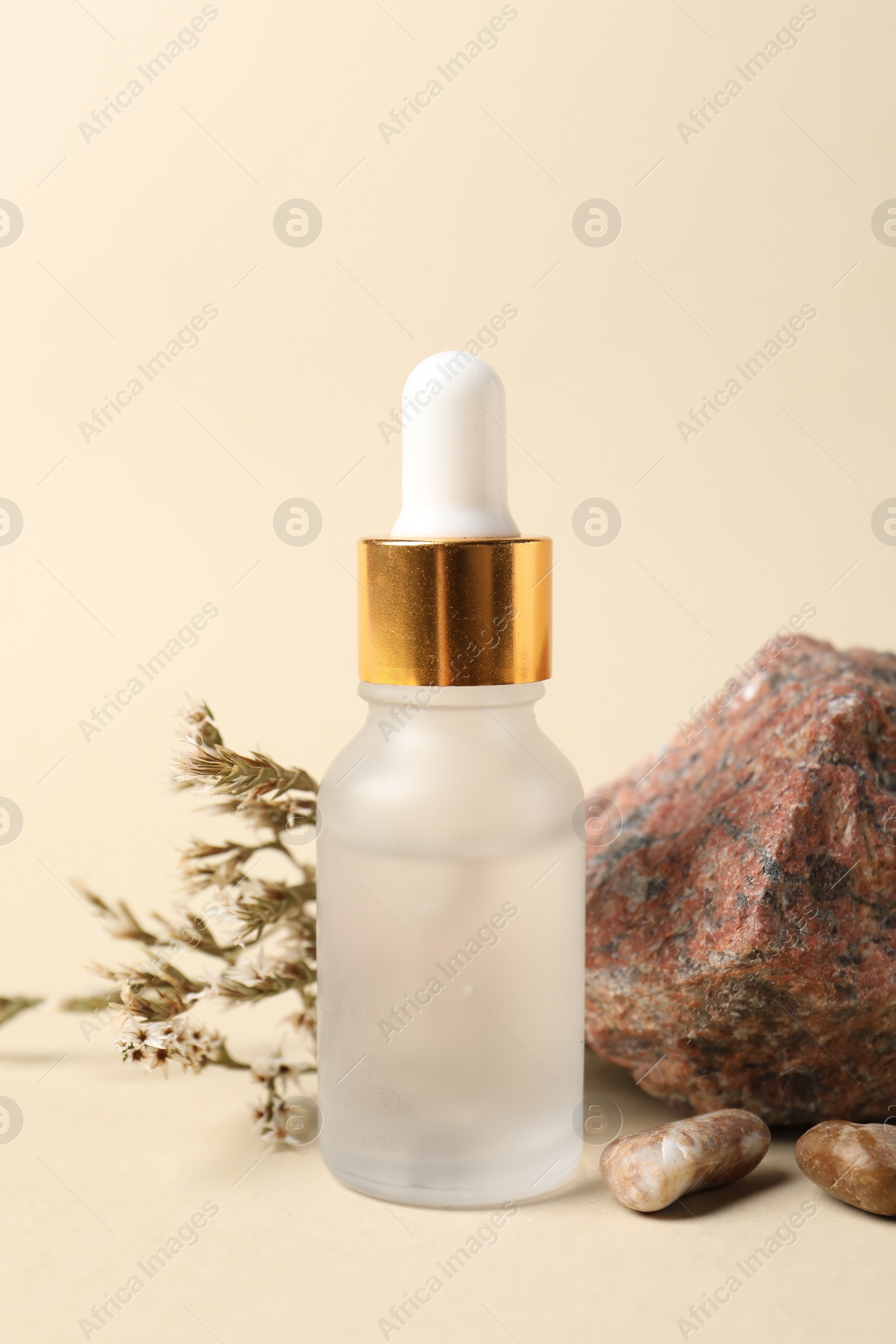 Photo of Composition with bottle of cosmetic serum on beige background