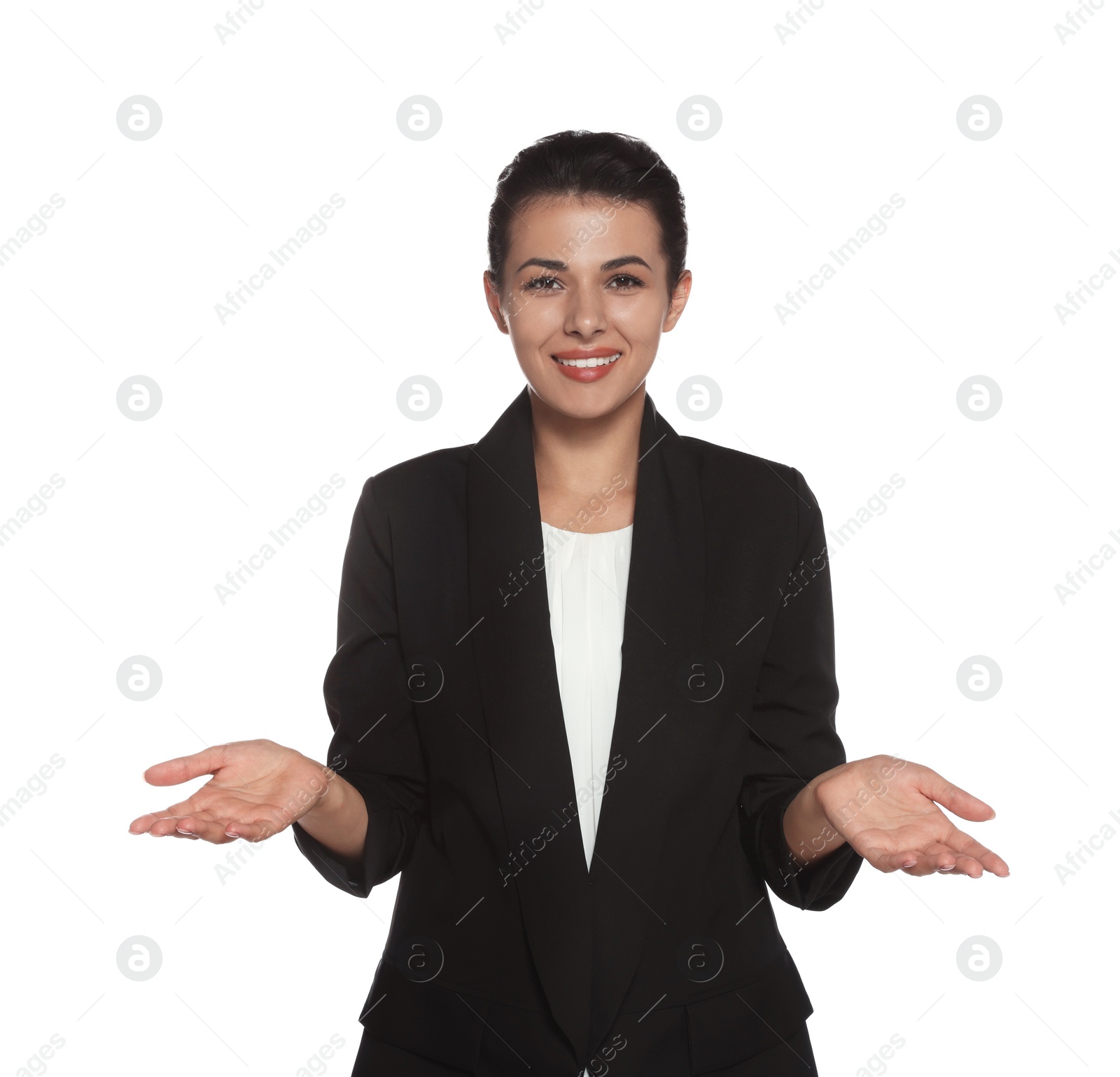 Photo of Portrait of hostess in uniform on white background