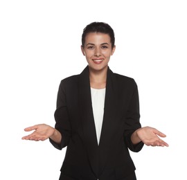 Portrait of hostess in uniform on white background