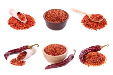 Image of Aromatic spices. Red chili pepper flakes and whole dried peppers on white background, set