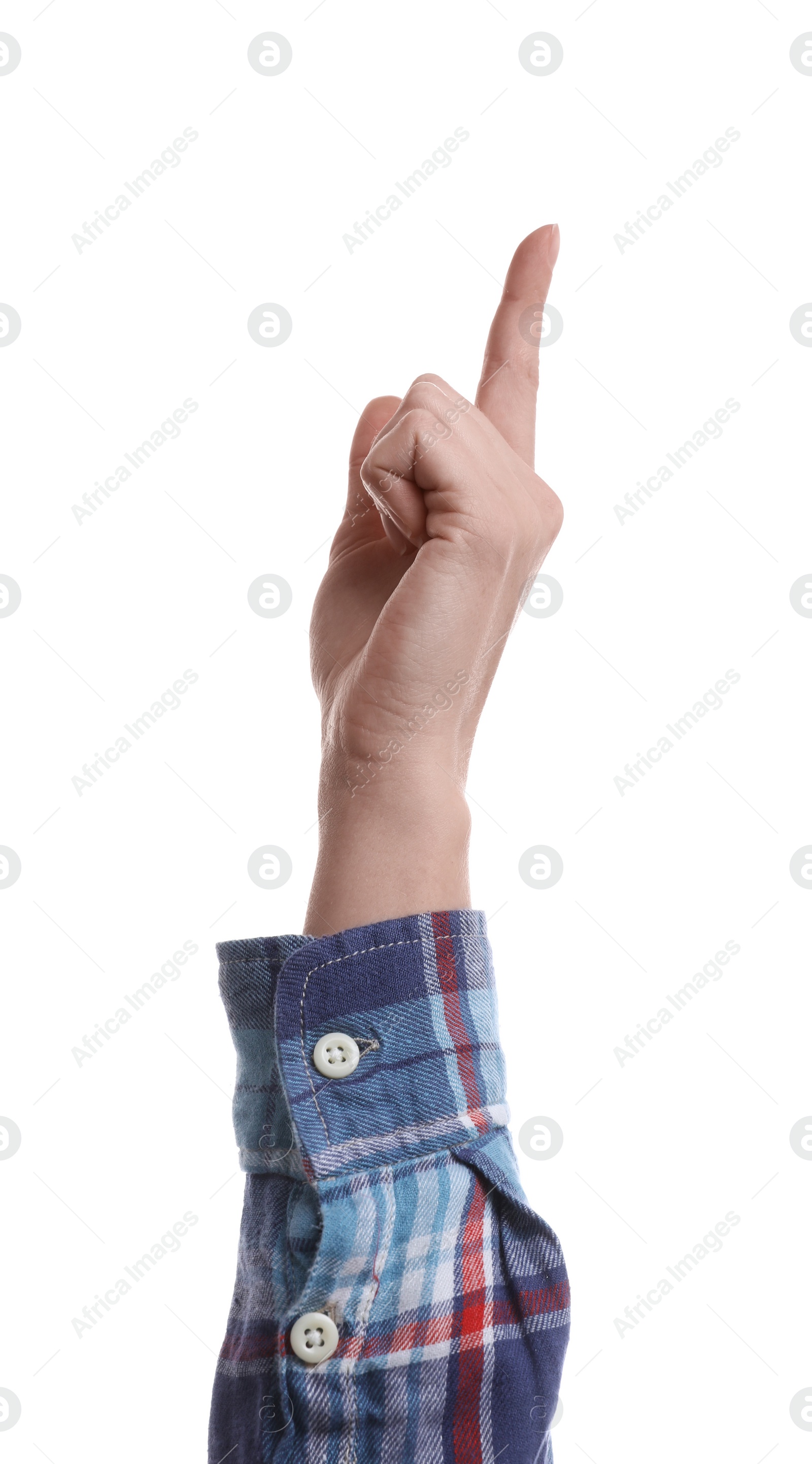 Photo of Woman pointing with index finger on white background, closeup. Responsibility concept