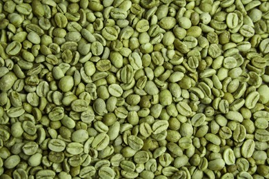 Pile of green coffee beans as background, closeup