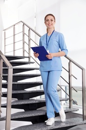 Portrait of young nurse in hospital. Medical assistant