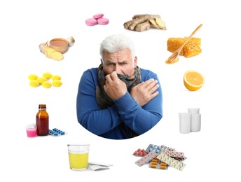 Image of SIck mature man surrounded by different drugs and products for illness treatment on white background