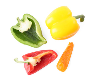 Photo of Different juicy bell peppers on white background