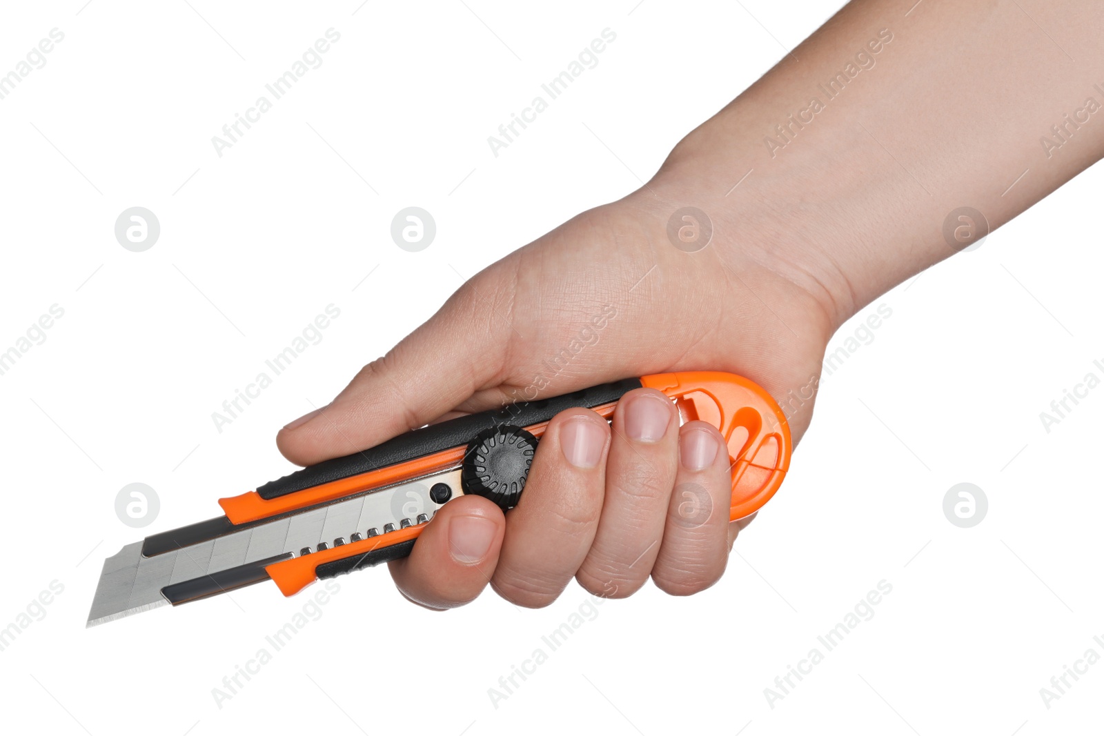 Photo of Man holding utility knife on white background, closeup