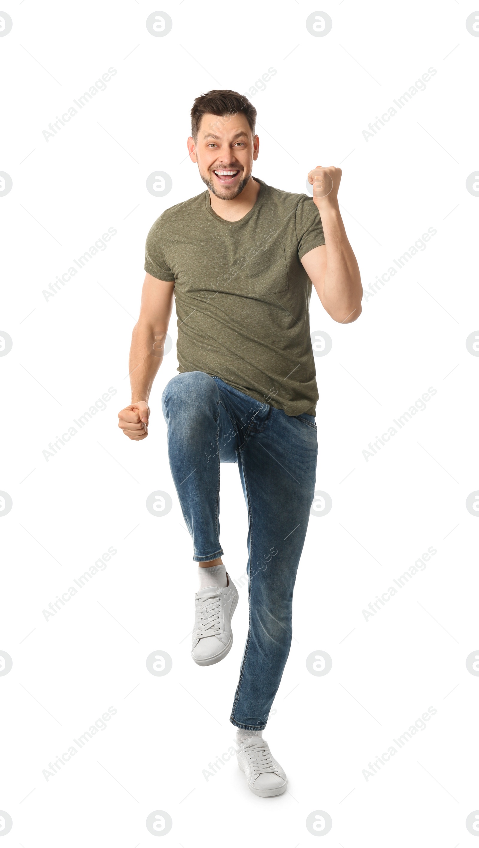 Photo of Full length portrait of emotional handsome man on white background