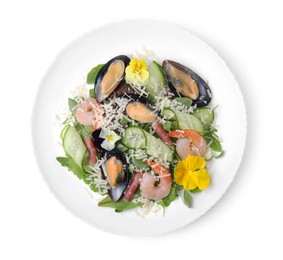 Photo of Plate of delicious salad with seafood isolated on white, top view