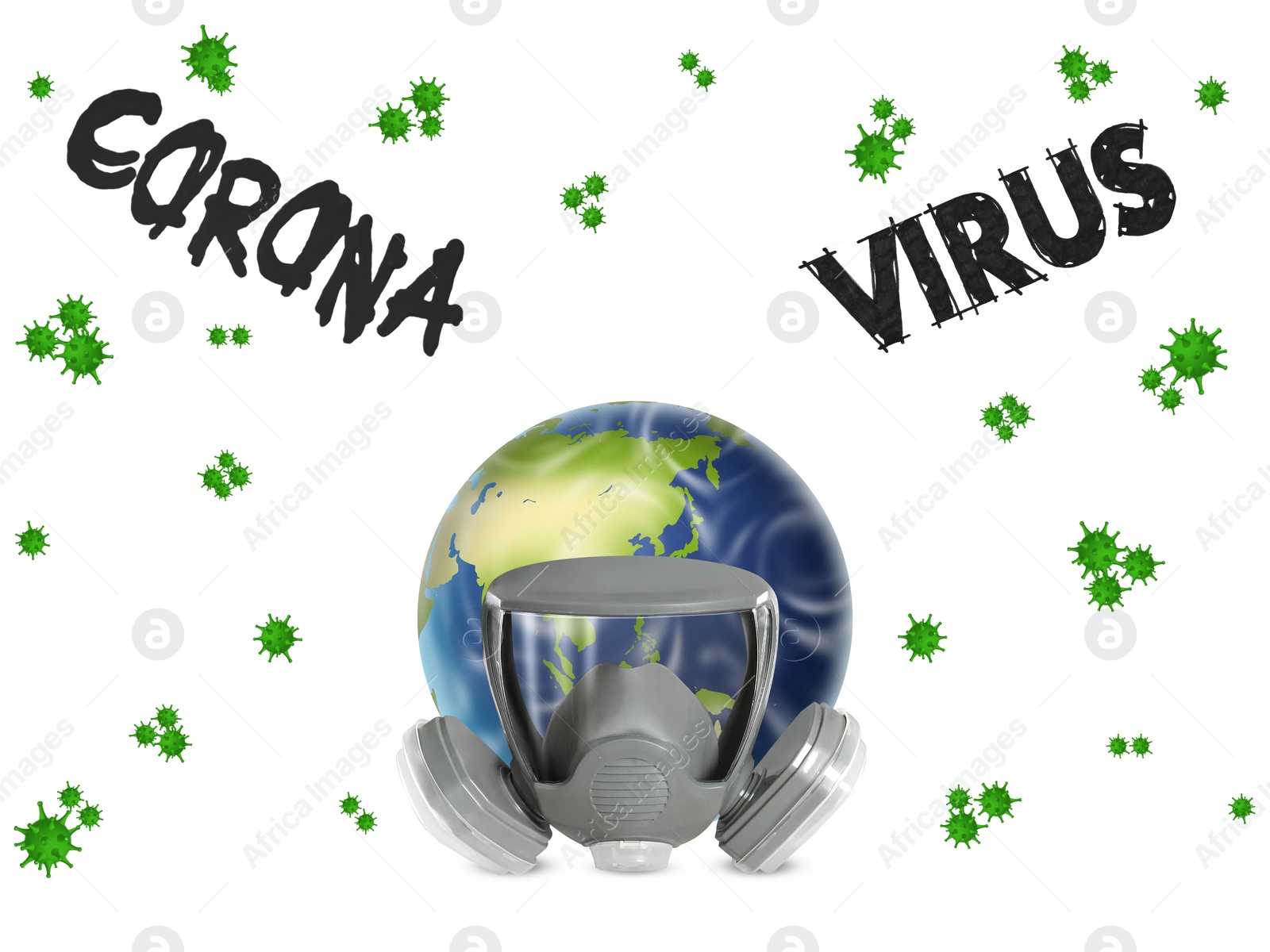 Image of Illustration of Earth with respirator on white background. Dangerous coronavirus