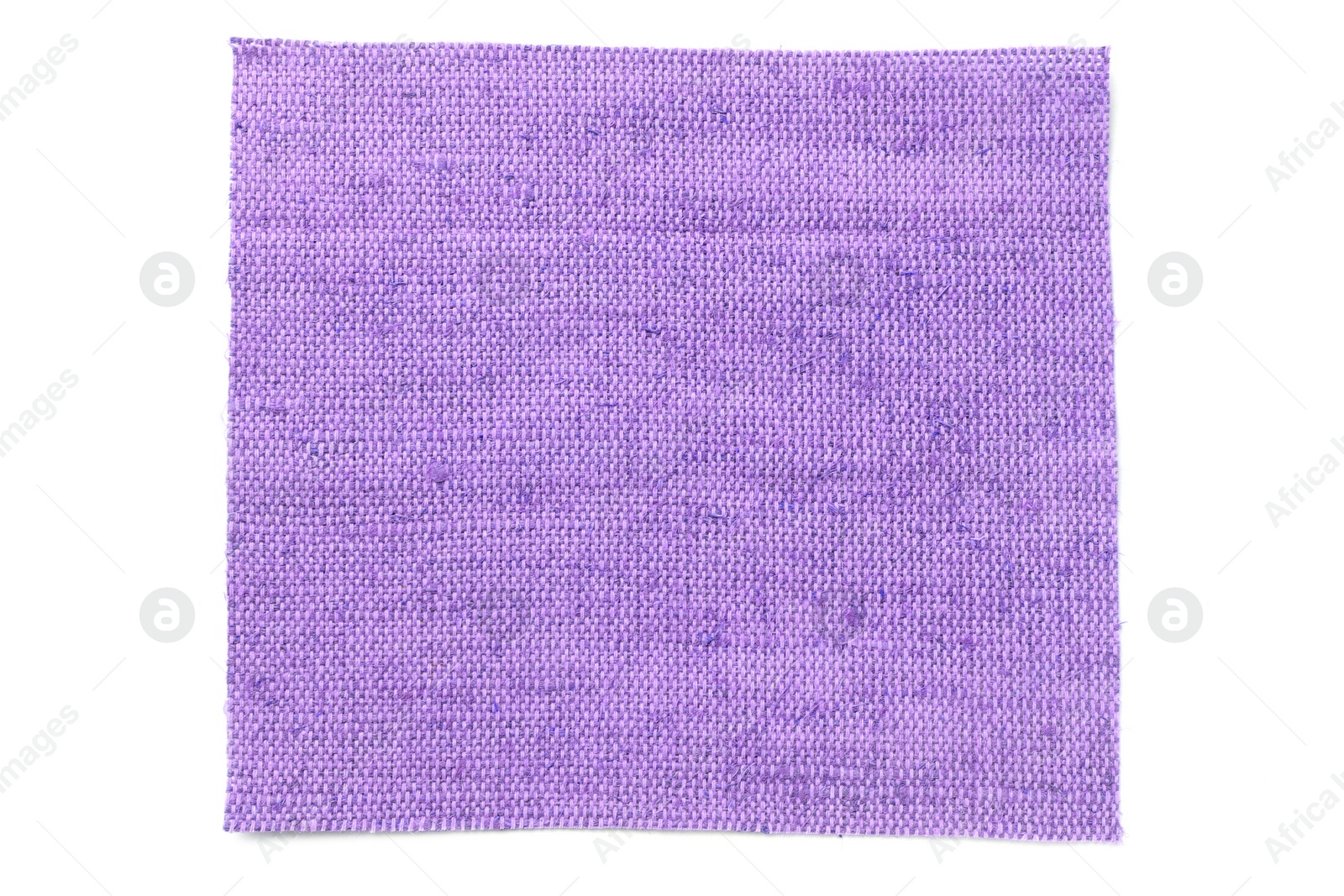 Image of Piece of violet burlap fabric on white background, top view