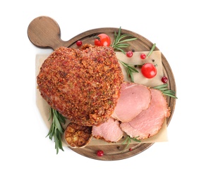 Wooden board with homemade delicious ham on white background, top view. Festive dinner