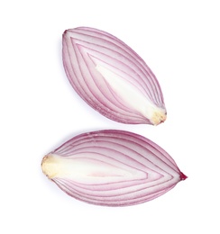 Photo of Fresh cut red onion on white background, top view