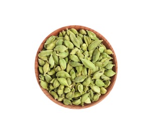 Photo of Wooden bowl with dry cardamom seeds isolated on white, top view