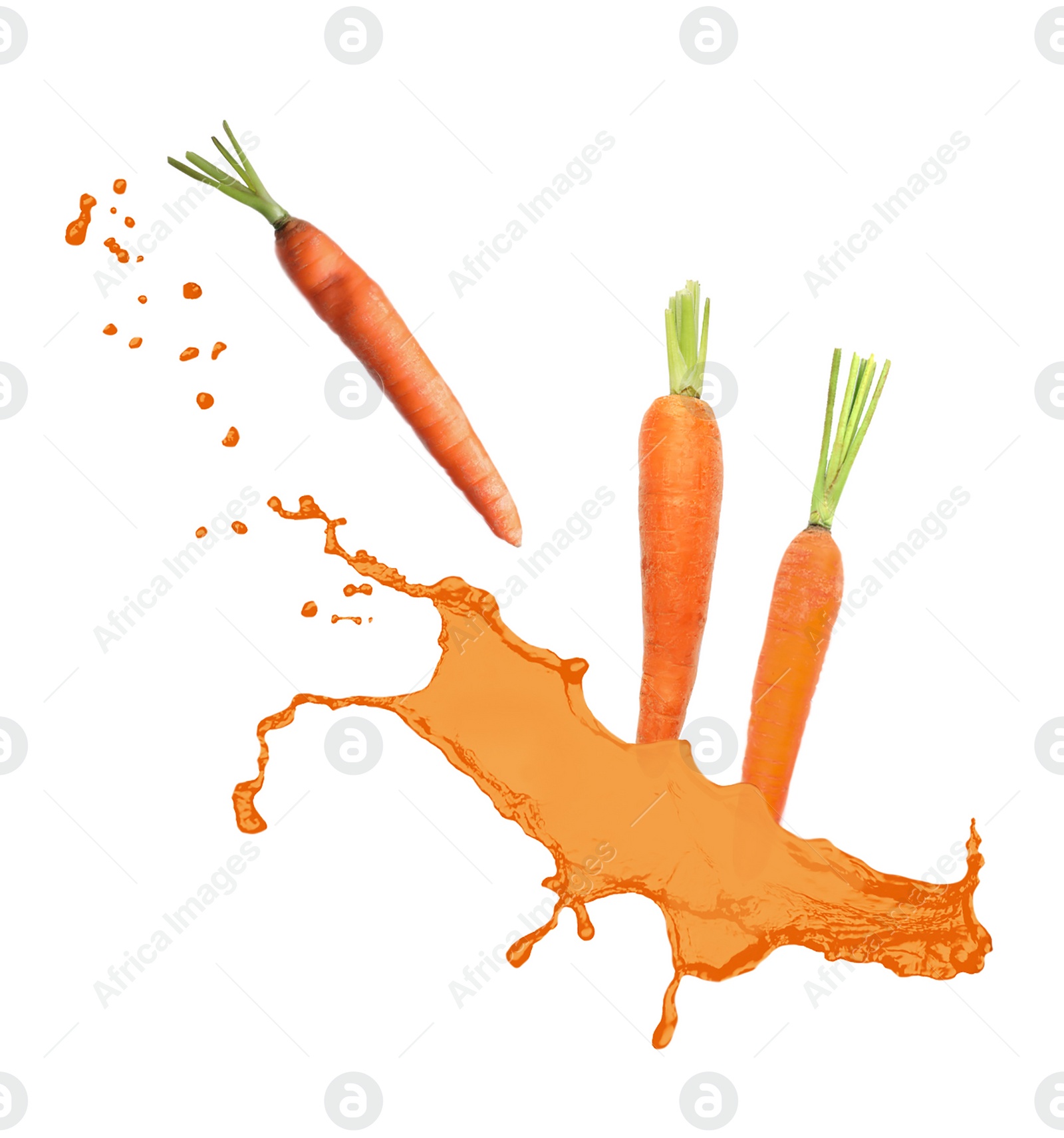 Image of Fresh carrots and splashes on white background