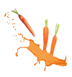 Image of Fresh carrots and splashes on white background