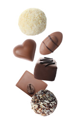 Image of Different chocolate candies falling on white background