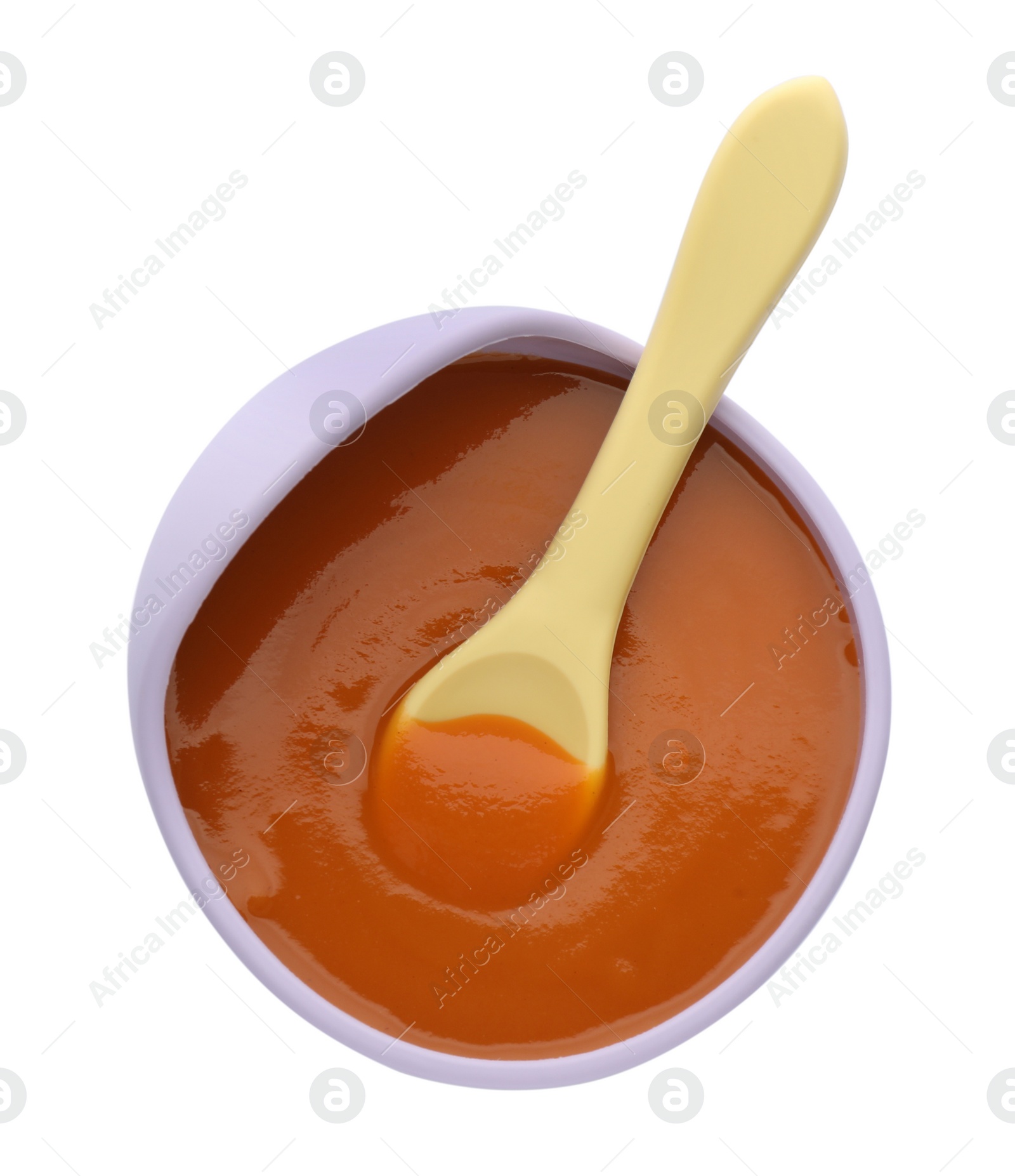 Photo of Healthy baby food in bowl on white background, top view