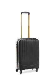 Photo of Black suitcase for travelling on white background