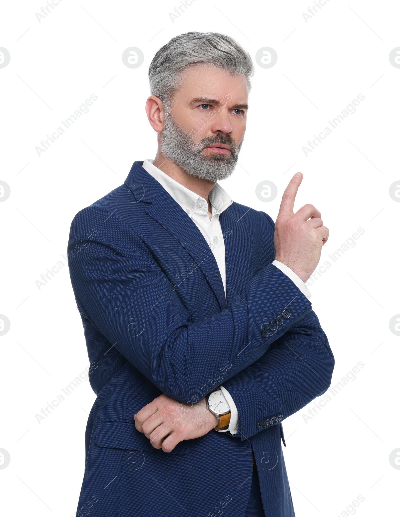 Photo of Mature businessman in stylish clothes posing on white background